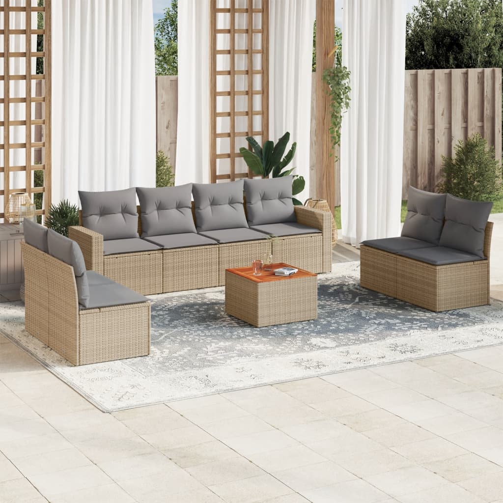 Set Divano da Giardino 9 pz con Cuscini Beige Misto Polyrattan
