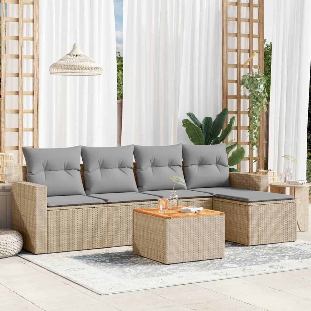Set Divano da Giardino 6 pz con Cuscini Beige Misto Polyrattan