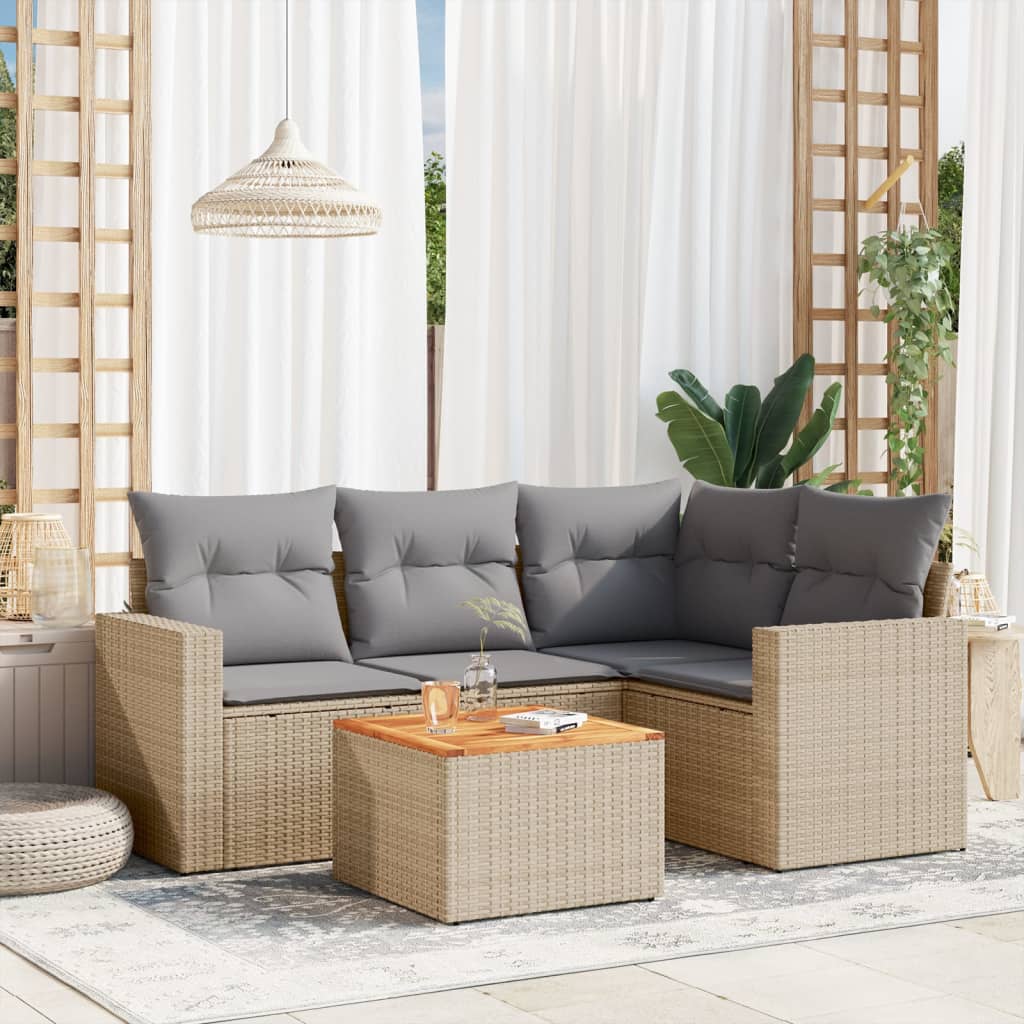 Set Divano da Giardino 5 pz con Cuscini Beige Misto Polyrattan
