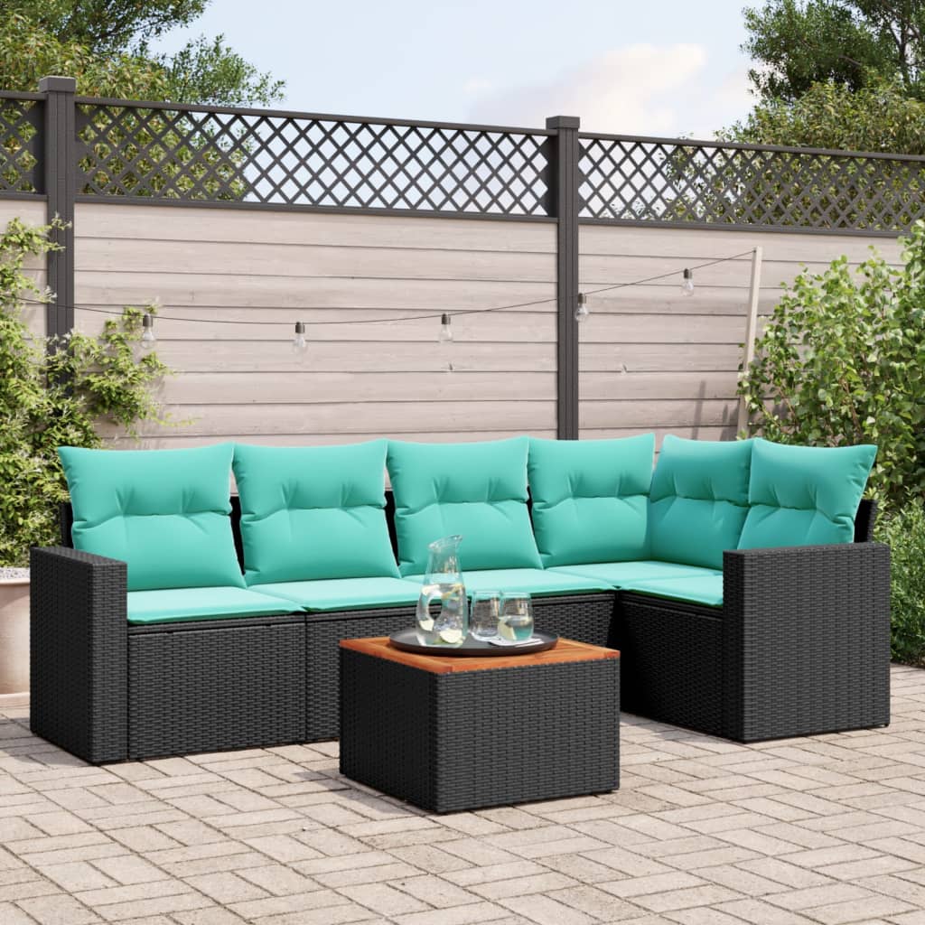Set Divani da Giardino 6 pz con Cuscini Nero in Polyrattan