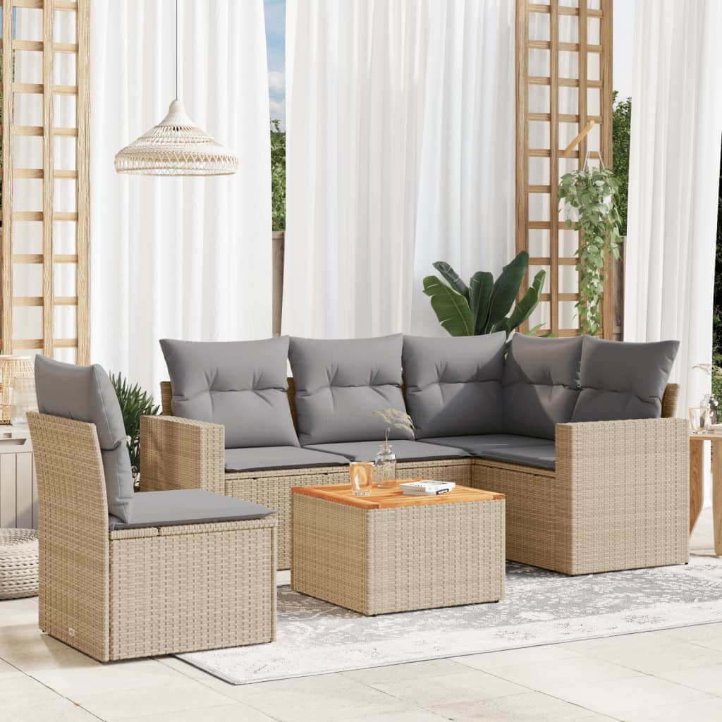 Set Divano da Giardino 6 pz con Cuscini Beige Misto Polyrattan