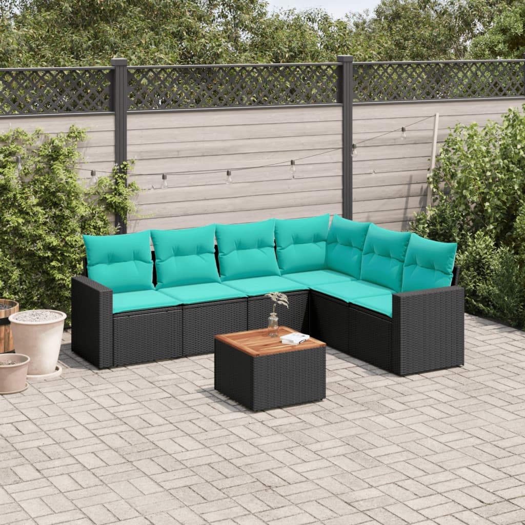 Set Divani da Giardino 7 pz con Cuscini Nero in Polyrattan