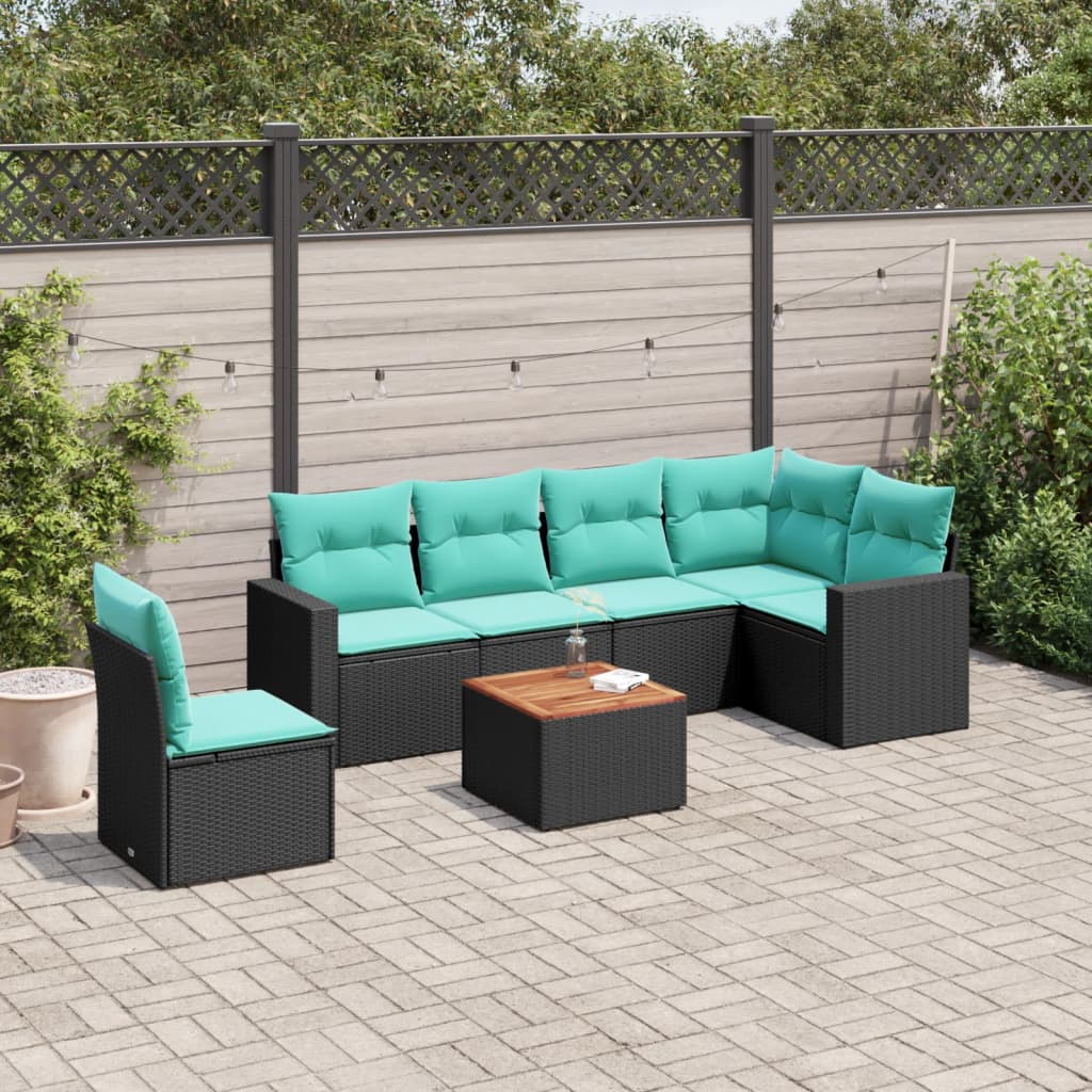 Set Divani da Giardino 7 pz con Cuscini Nero in Polyrattan