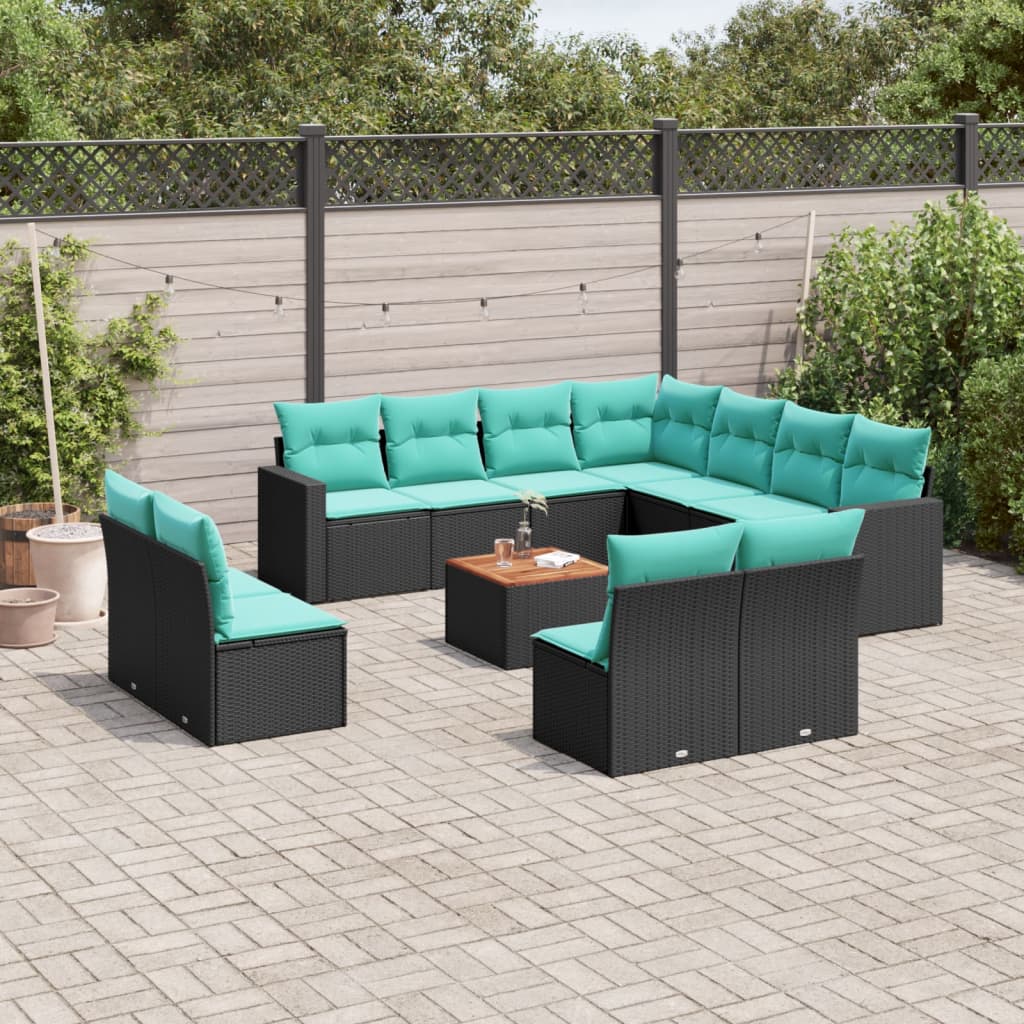 Set Divani da Giardino 12pz con Cuscini Nero in Polyrattan