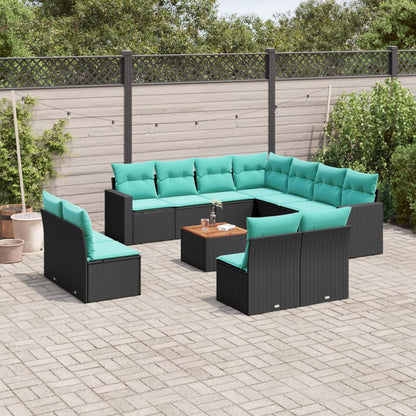 Set Divani da Giardino 12pz con Cuscini Nero in Polyrattan