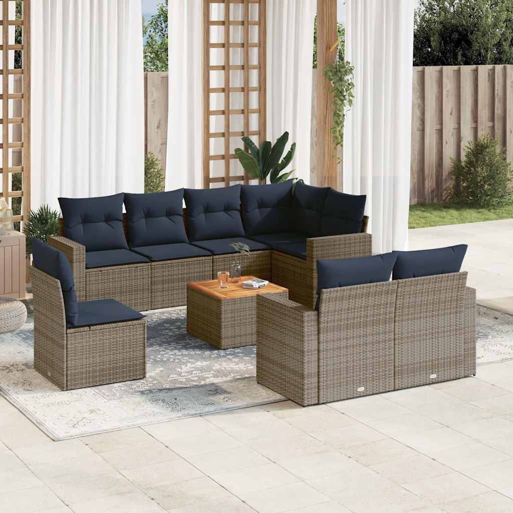 Set Divani da Giardino 9 pz con Cuscini Grigio in Polyrattan