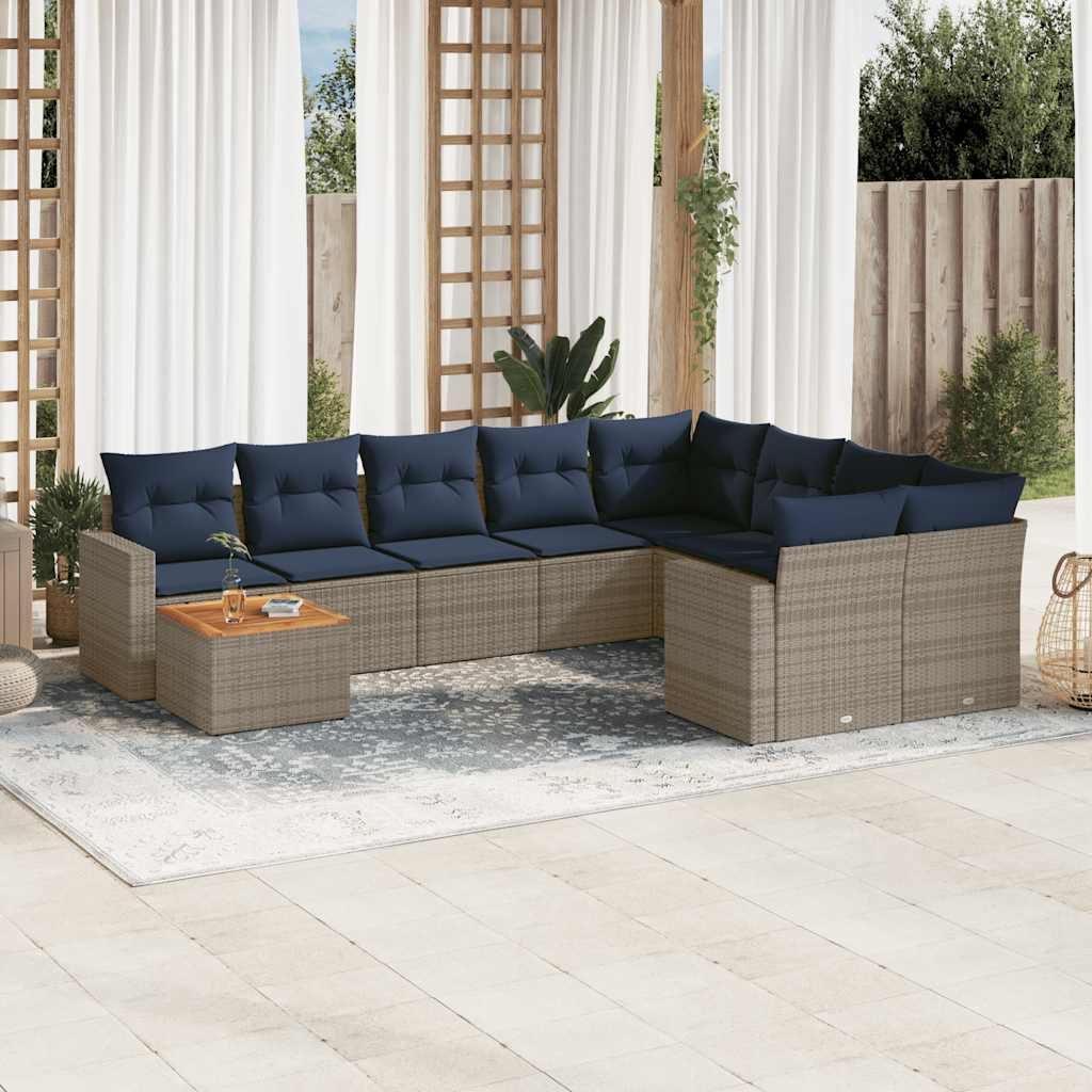 Set Divani da Giardino 10 pz con Cuscini Grigio in Polyrattan