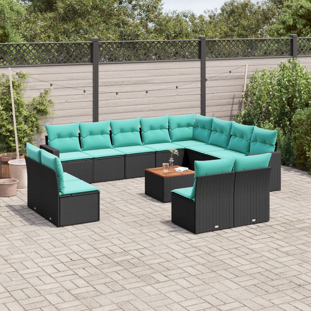 Set Divani da Giardino 13pz con Cuscini Nero in Polyrattan