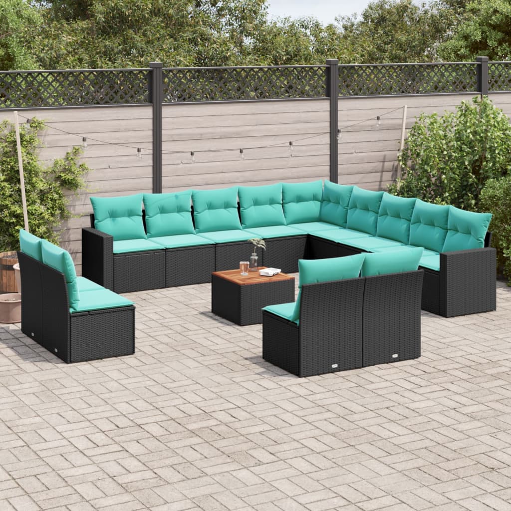 Set Divani da Giardino 14pz con Cuscini in Polyrattan Nero
