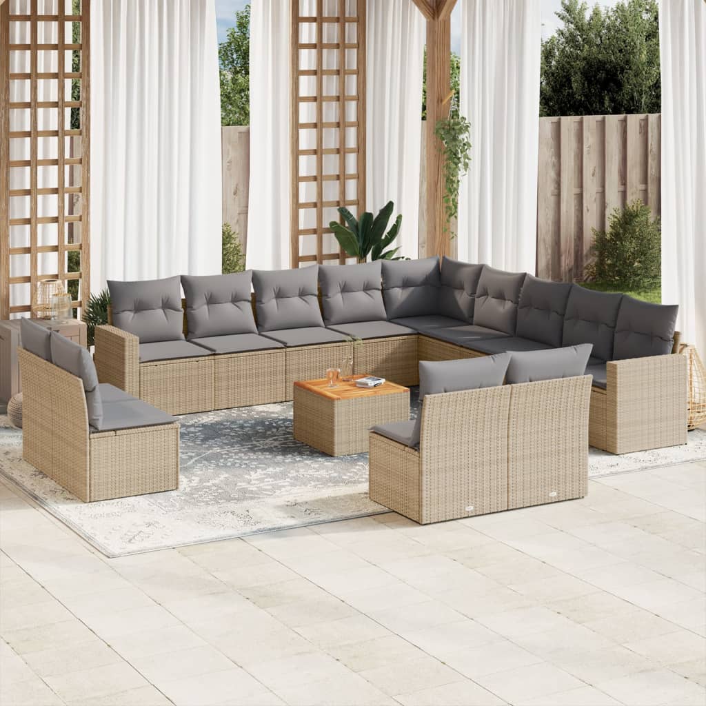 Set Divano da Giardino 14 pz con Cuscini Beige Misto Polyrattan