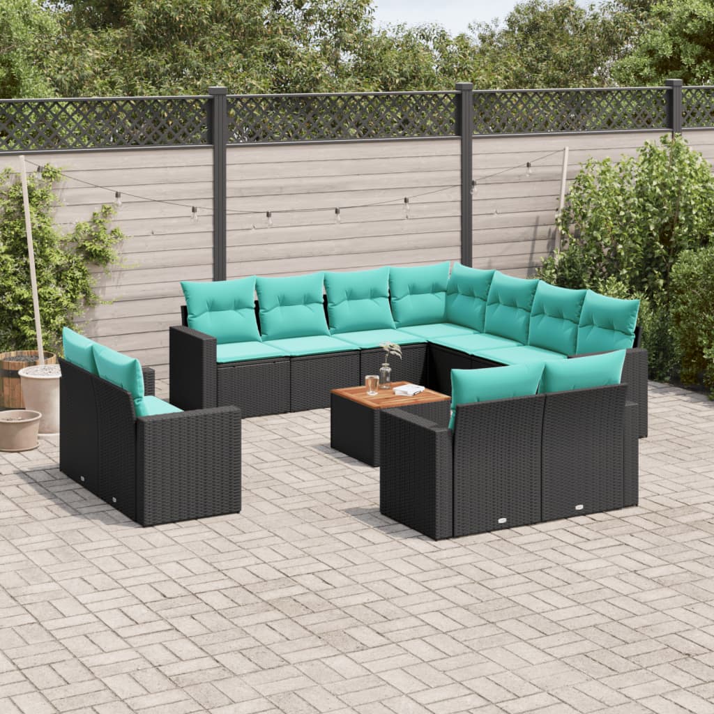 Set Divani da Giardino 12pz con Cuscini Nero in Polyrattan
