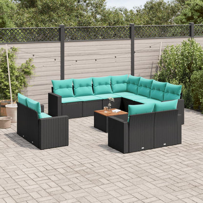 Set Divani da Giardino 12pz con Cuscini Nero in Polyrattan