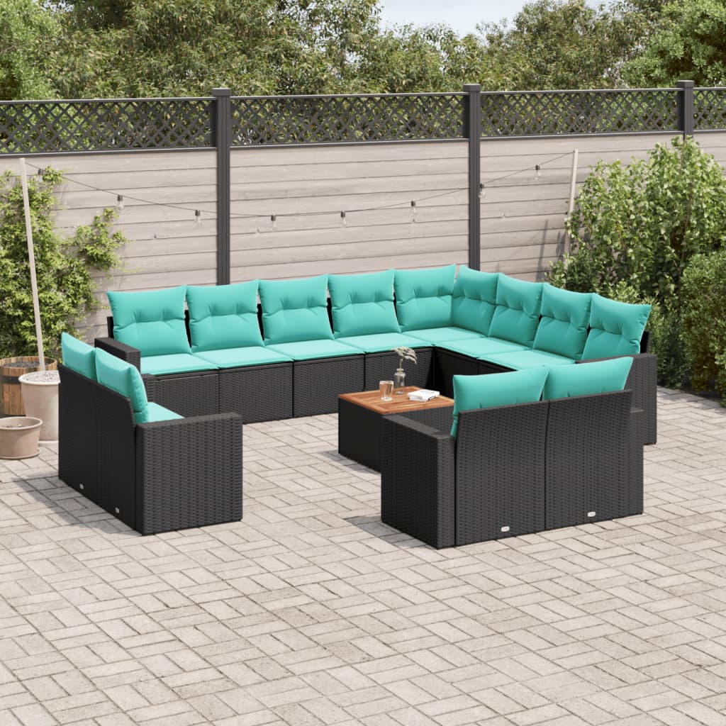 Set Divani da Giardino 13pz con Cuscini Nero in Polyrattan
