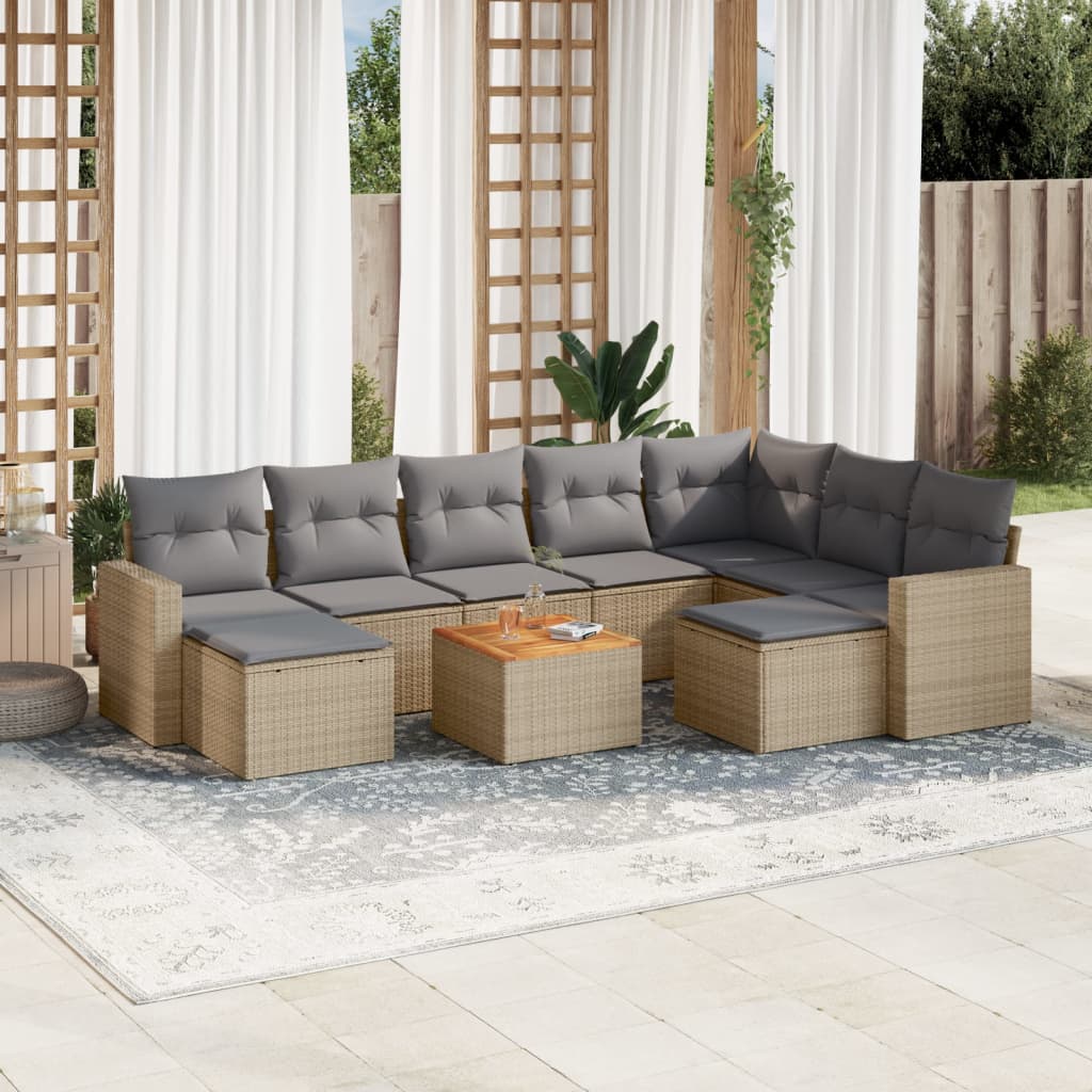 Set Divano da Giardino 10 pz con Cuscini Beige Misto Polyrattan