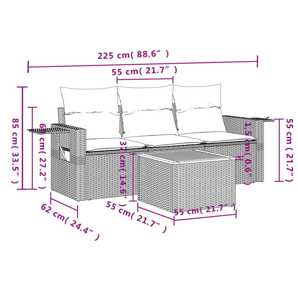 Set Divano da Giardino 4 pz con Cuscini Beige Misto Polyrattan