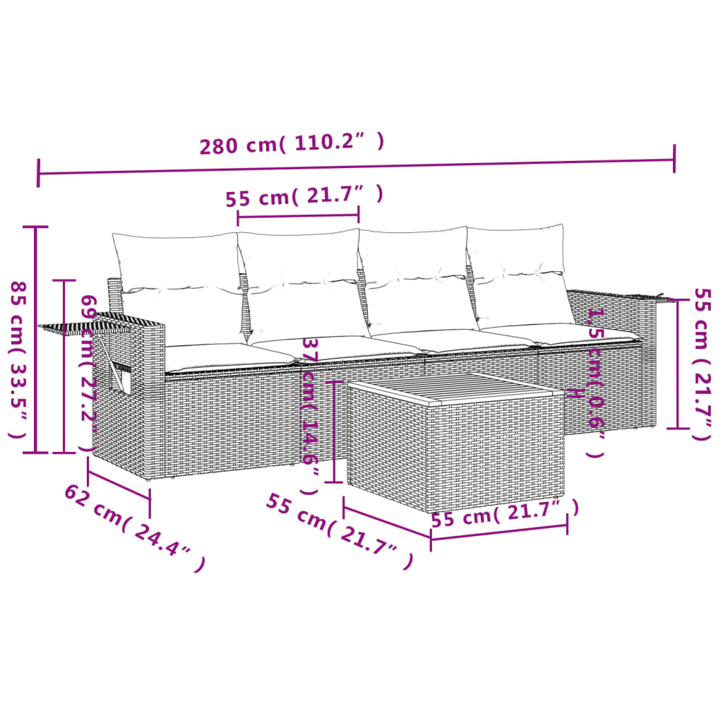 Set Divano da Giardino 5 pz con Cuscini Beige Misto Polyrattan