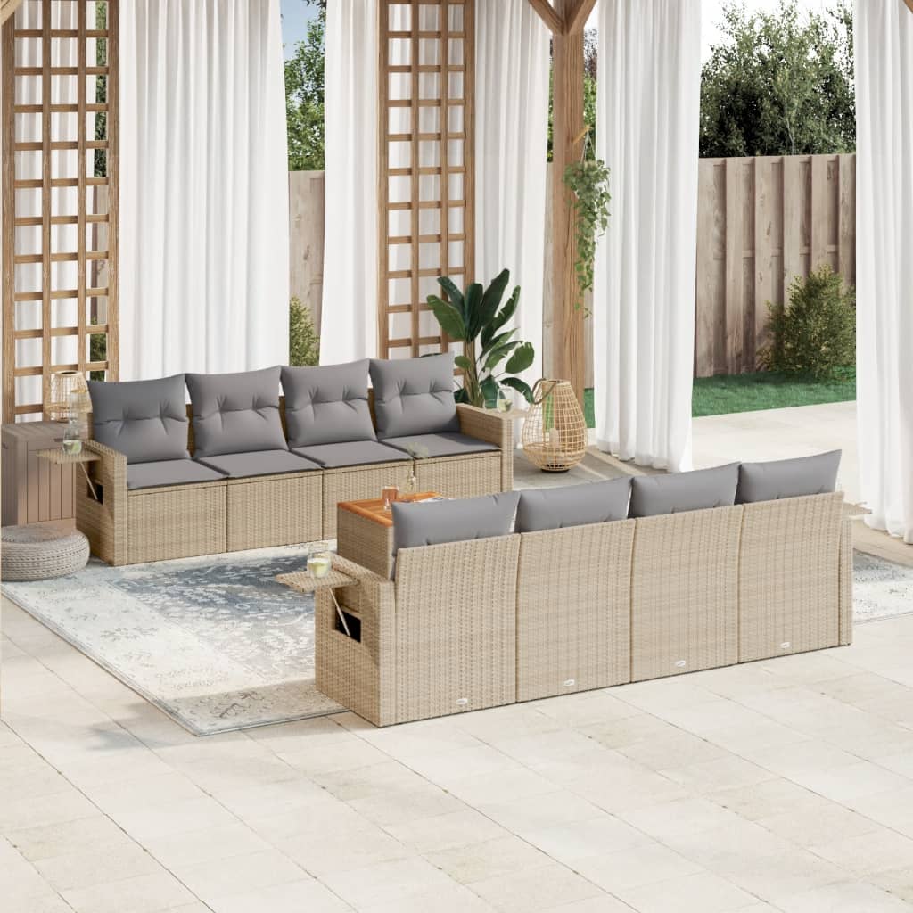 Set Divano da Giardino 9 pz con Cuscini Beige Misto Polyrattan