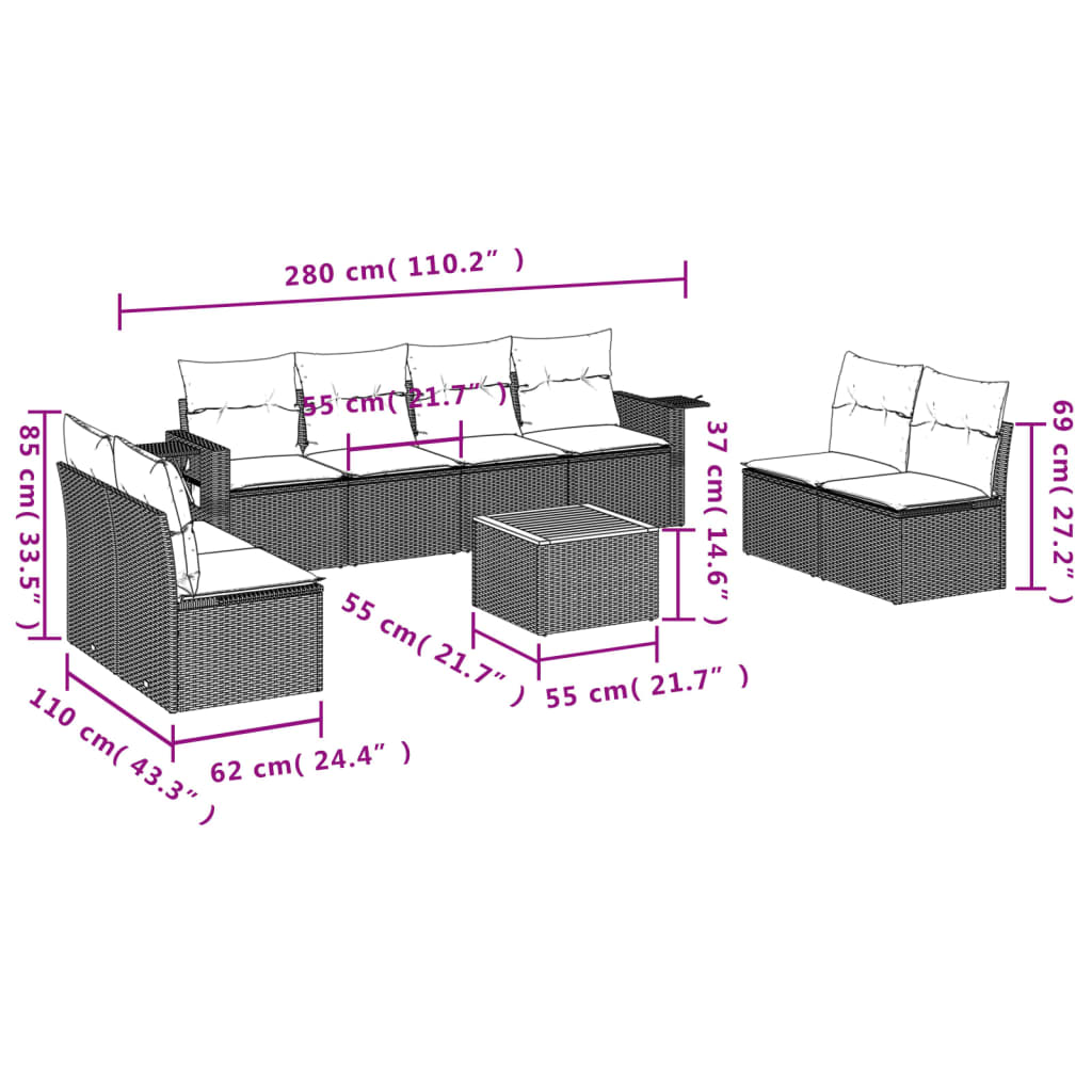Set Divano da Giardino 9 pz con Cuscini Beige Misto Polyrattan