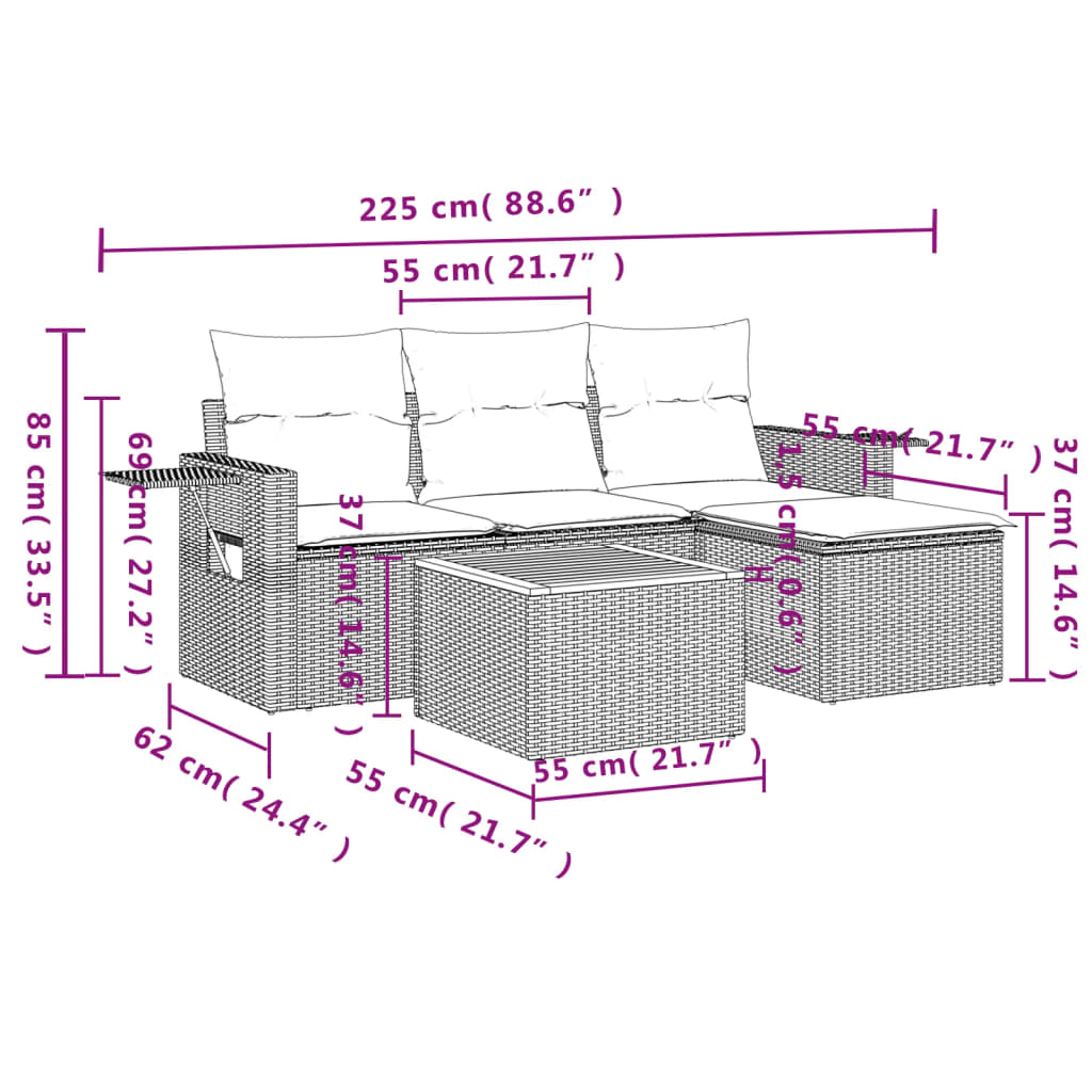 Set Divano da Giardino 5 pz con Cuscini Beige Misto Polyrattan