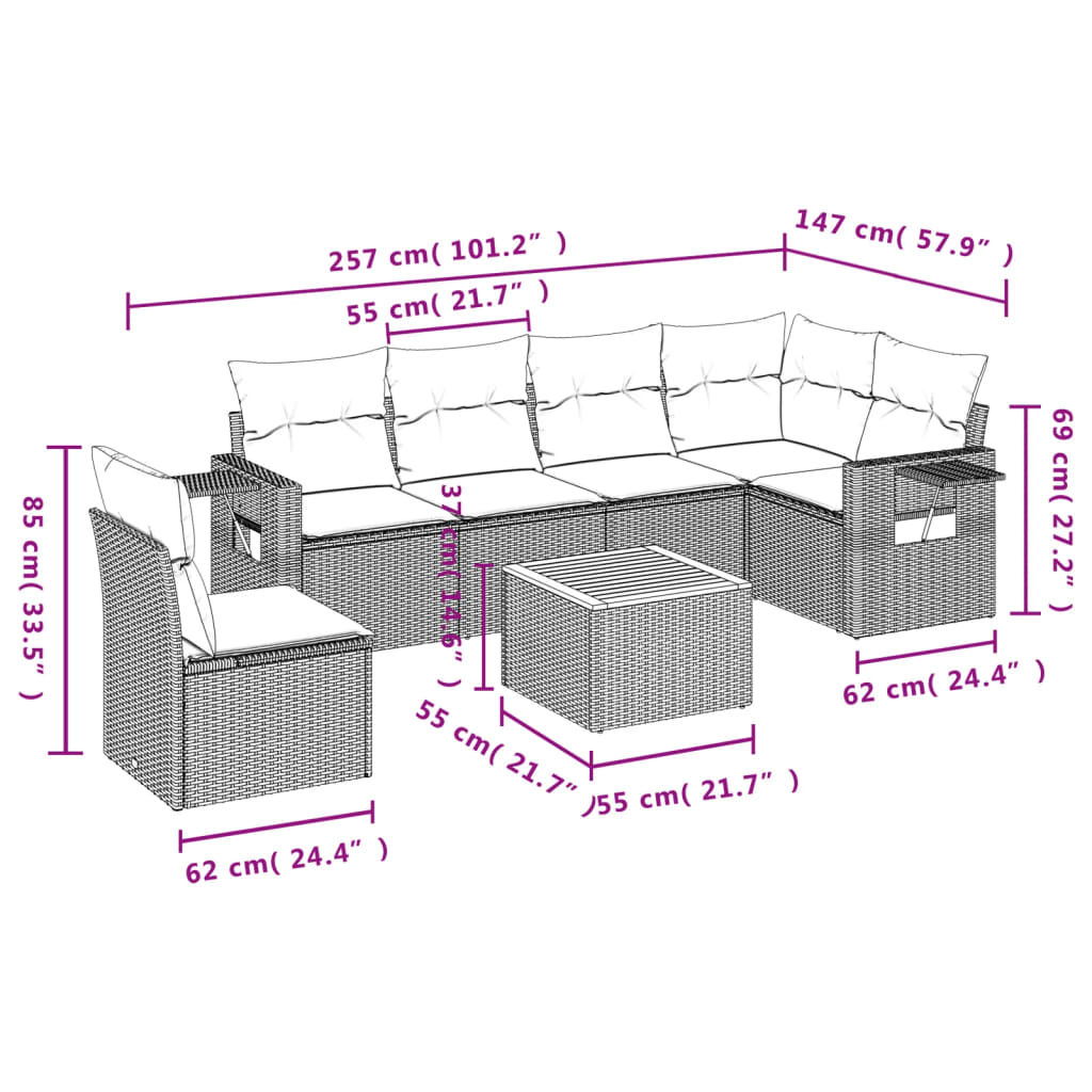 Set Divano da Giardino 7 pz con Cuscini Beige Misto Polyrattan