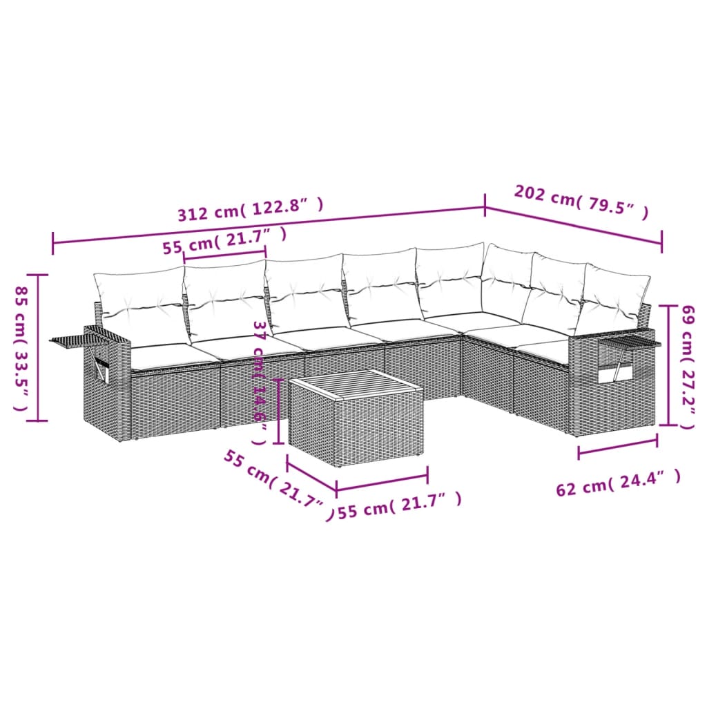 Set Divano da Giardino 8 pz con Cuscini Beige Misto Polyrattan