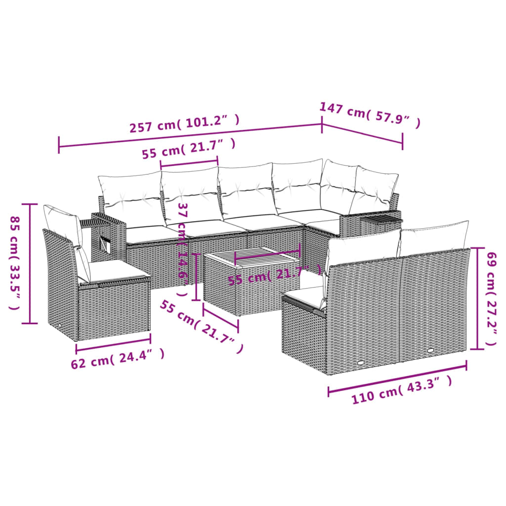 Set Divano da Giardino 9 pz con Cuscini Beige Misto Polyrattan