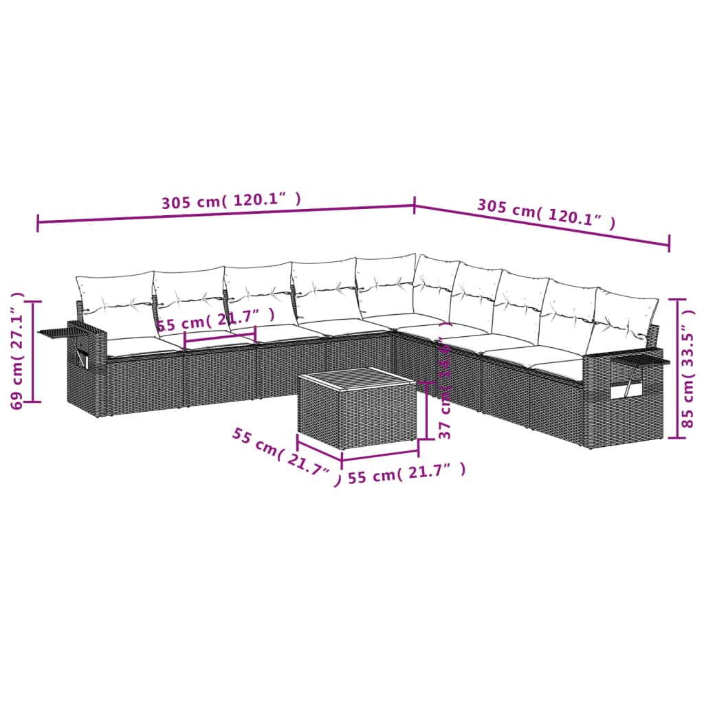 Set Divano da Giardino 10 pz con Cuscini Beige Misto Polyrattan