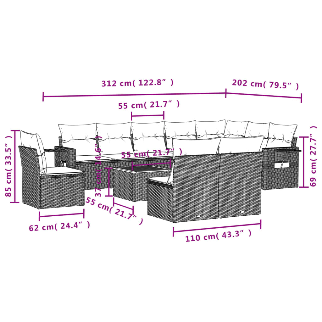 Set Divano da Giardino 11 pz con Cuscini Beige Misto Polyrattan