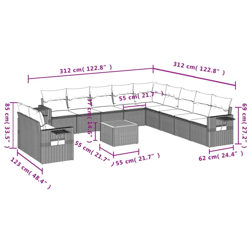 Set Divano da Giardino 12 pz con Cuscini Beige Misto Polyrattan