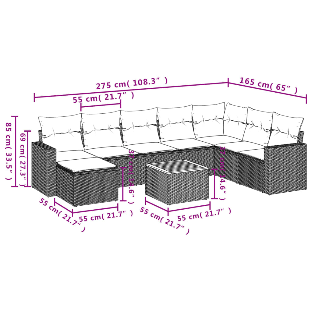 Set Divano da Giardino 9 pz con Cuscini Beige Misto Polyrattan