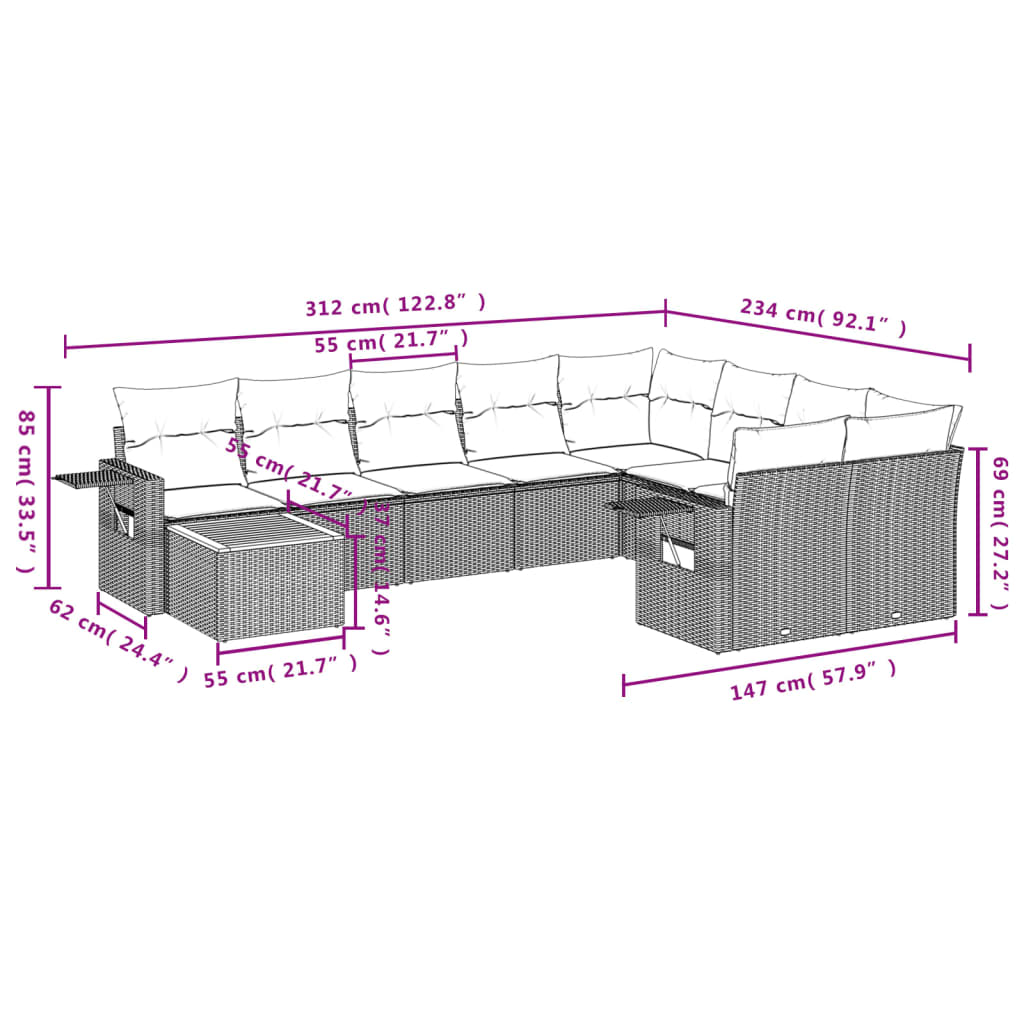 Set Divano da Giardino 10 pz con Cuscini Beige Misto Polyrattan