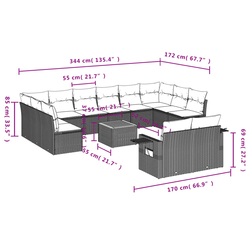 Set Divano da Giardino 13 pz con Cuscini Beige Misto Polyrattan