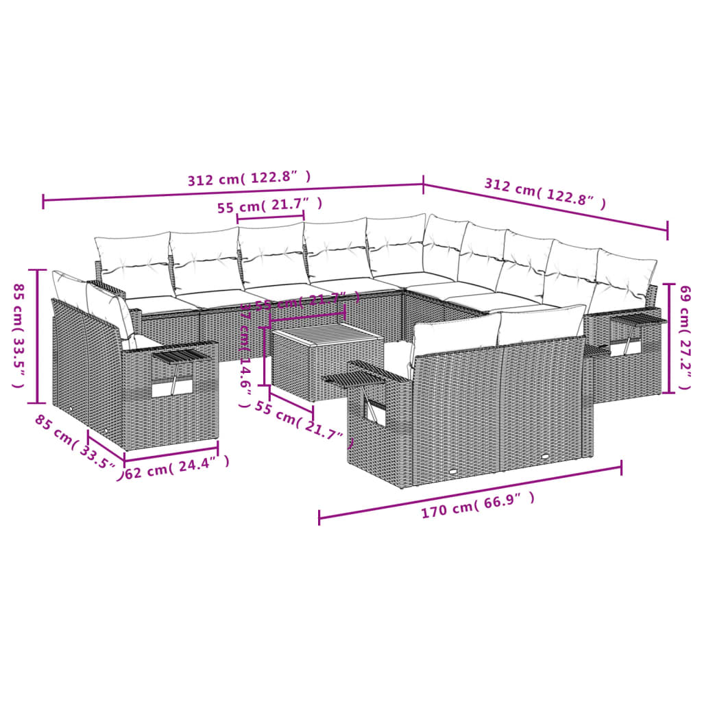 Set Divano da Giardino 14 pz con Cuscini Beige Misto Polyrattan