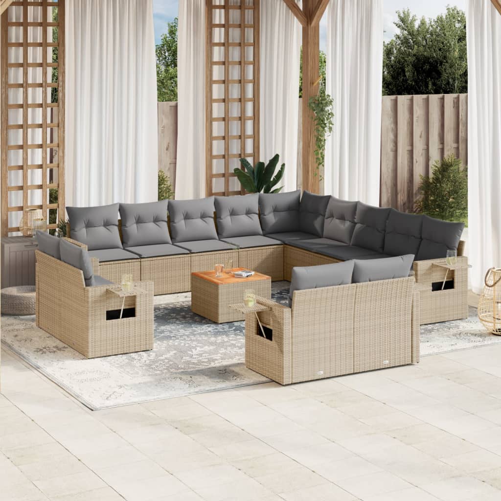 Set Divano da Giardino 14 pz con Cuscini Beige Misto Polyrattan