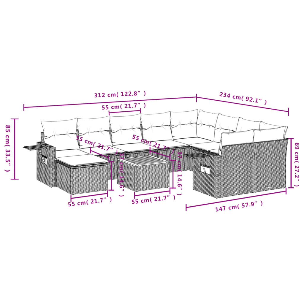Set Divano da Giardino 11 pz con Cuscini Beige Misto Polyrattan