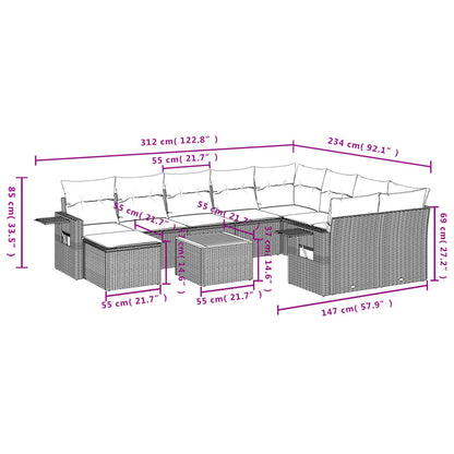 Set Divano da Giardino 11 pz con Cuscini Beige Misto Polyrattan