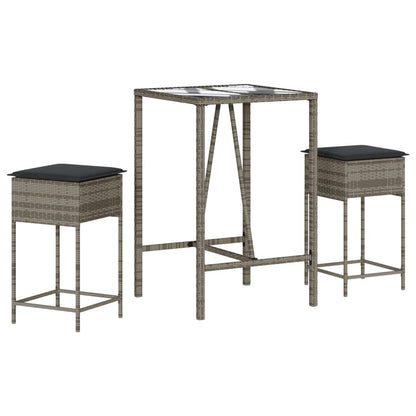 Set Bar da Giardino 3pz con Cuscini Grigio in Polyrattan