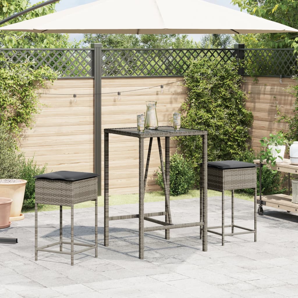 Set Bar da Giardino 3pz con Cuscini Grigio in Polyrattan