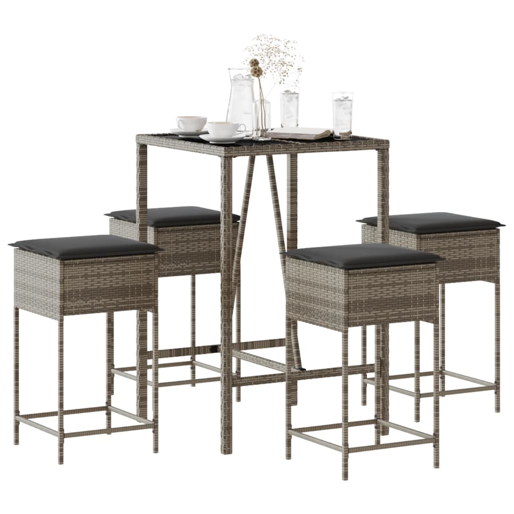 Set Bar da Giardino 5 pz con Cuscini in Polyrattan Grigio