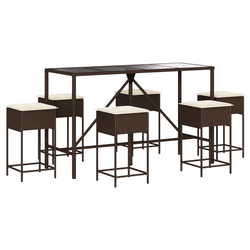 Set Bar da Giardino 7 pz con Cuscini in Polyrattan Marrone