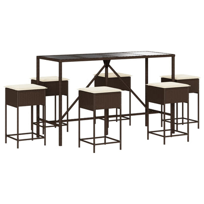 Set Bar da Giardino 7 pz con Cuscini in Polyrattan Marrone