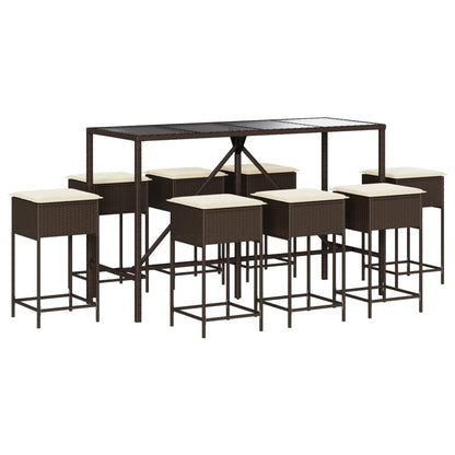 Set Bar da Giardino 9 pz con Cuscini in Polyrattan Marrone