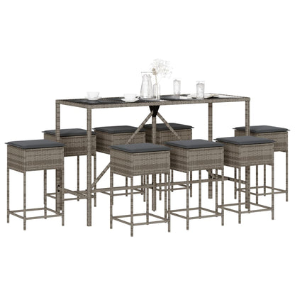 Set Bar da Giardino 9 pz con Cuscini in Polyrattan Grigio