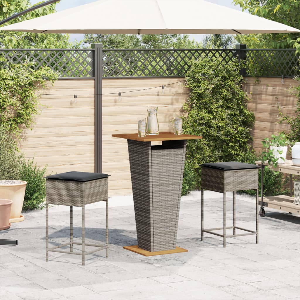 Set Bar da Giardino 3pz con Cuscini Grigio in Polyrattan