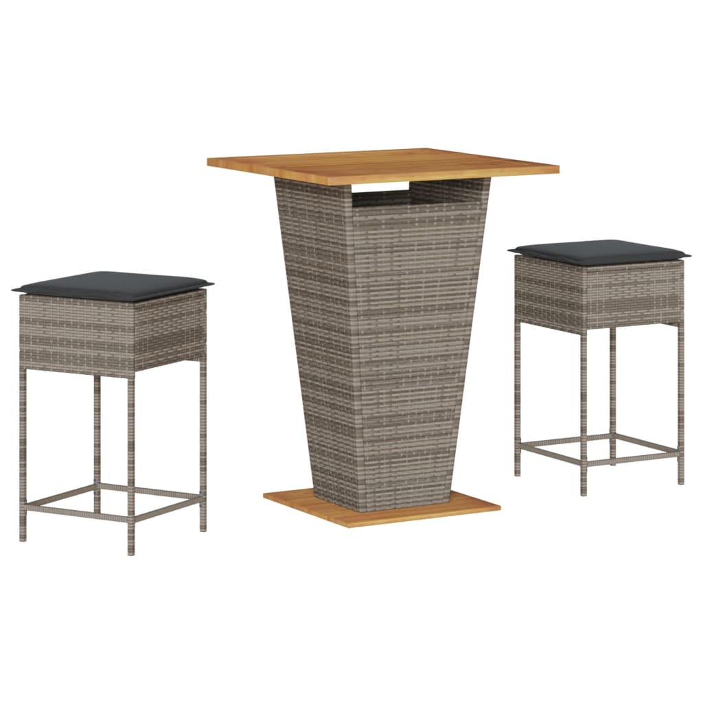 Set Bar da Giardino 3pz con Cuscini Grigio in Polyrattan