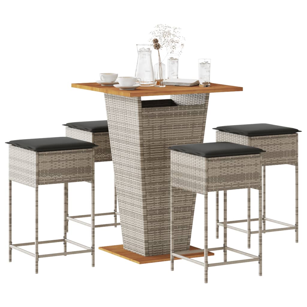 Set Bar da Giardino 5 pz con Cuscini in Polyrattan Grigio
