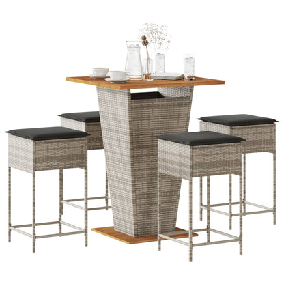 Set Bar da Giardino 5 pz con Cuscini in Polyrattan Grigio