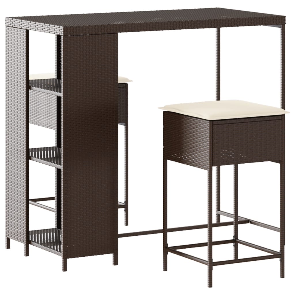 Set Bar da Giardino 3 pz con Cuscini in Polyrattan Marrone