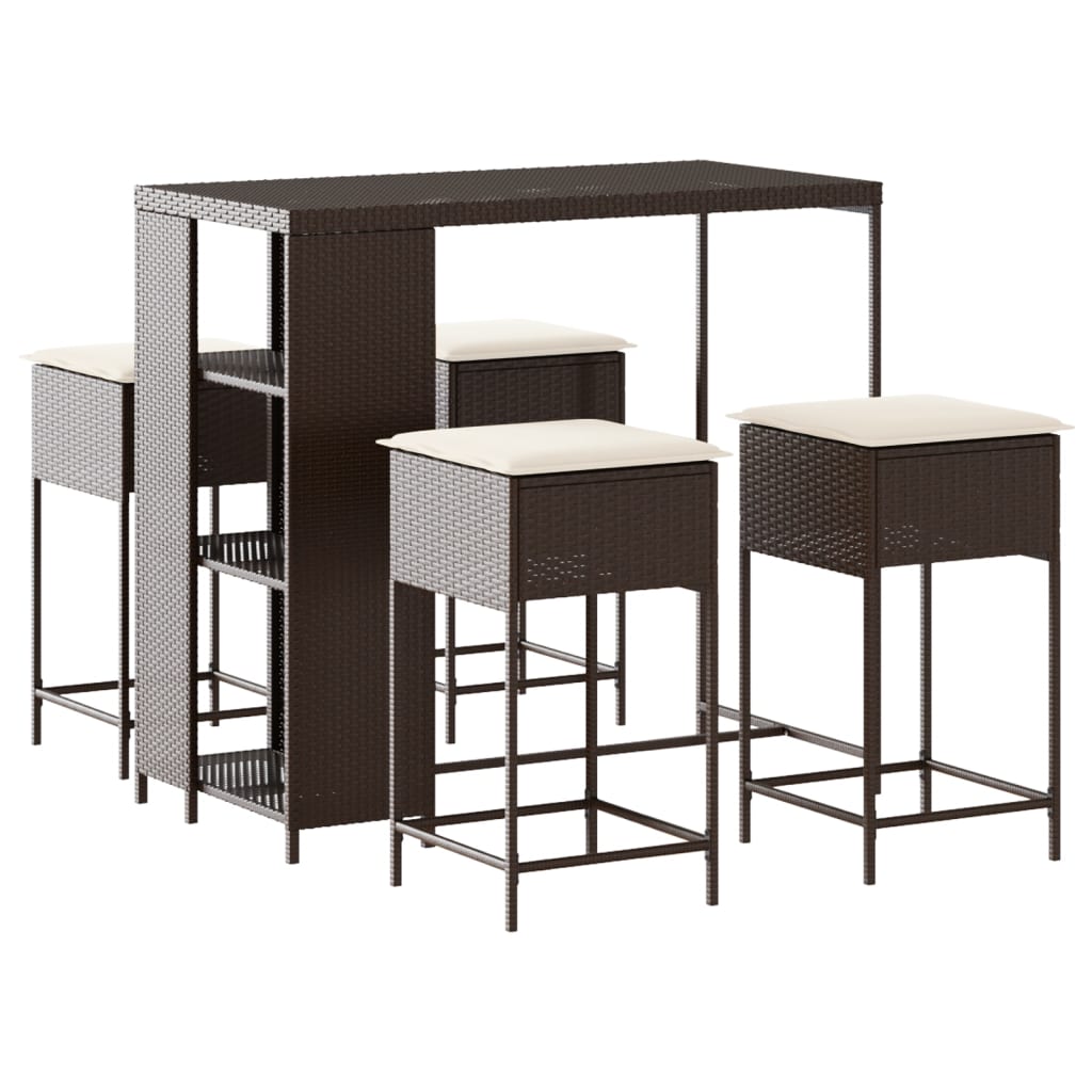 Set Bar da Giardino 5 pz con Cuscini in Polyrattan Marrone