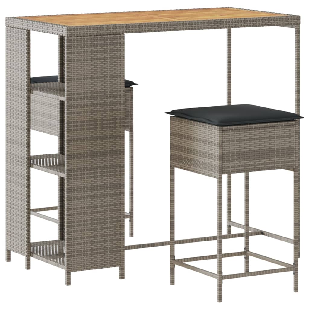 Set Bar da Giardino 3pz con Cuscini Grigio in Polyrattan